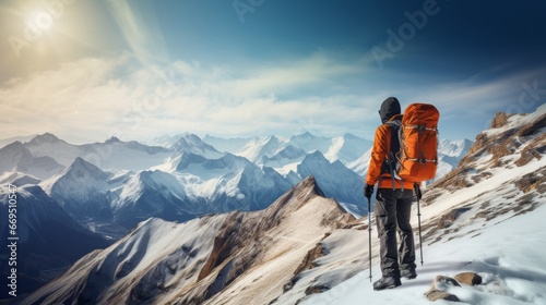 Male tourist went hiking in the mountains in the winter season. Beautiful views of nature. Solo hike. A guy with a big backpacker is traveling. Rear view. Generative AI. © Nikolai
