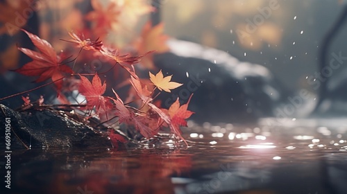 A poetic Japanese haiku and falling autumn leaves, symbolizing the ephemeral beauty of life. photo