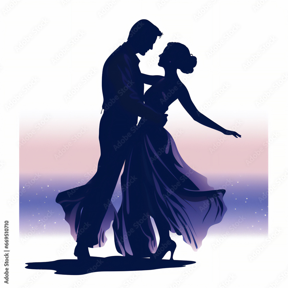 Purple silhouette of ballroom dancers who are dancing as a couple showing their technique skills at a Latin dance competition, Generative AI stock illustration image Purple silhouette of ballroom dancers who are dancing as a couple showing their technique skills at a Latin dance competition, Generative AI stock illustration image