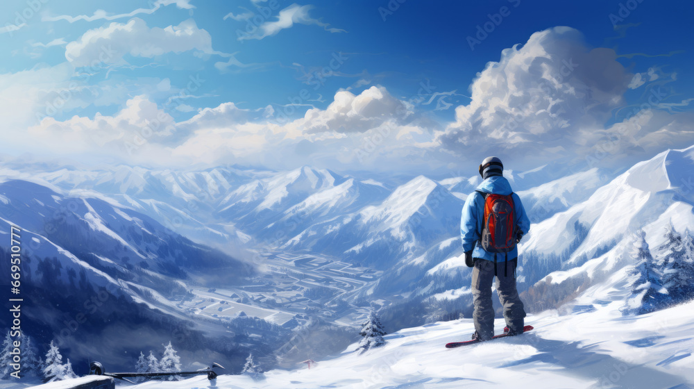 A male snowboarder stands on top of a mountain in winter and enjoys the views of mountain peaks and nature. Ski resort. The guy is an athlete. Rear view, cartoon style. Generative AI.
