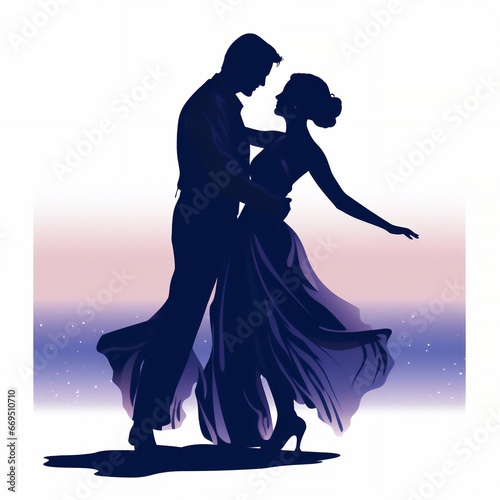 Purple silhouette of ballroom dancers who are dancing as a couple showing their technique skills at a Latin dance competition, Generative AI stock illustration image 