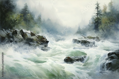 A serene river with powerful waves embodying continuous motion, portrayed in a realistic style with muted hues. An apt depiction of change and dynamism. Generative AI photo