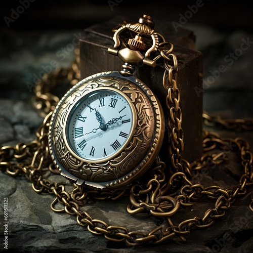 Vintage pocket gold watch with a chain on a dark background. An old round clock with a lid on a chain. The concept of time