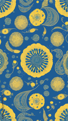 Yellow and Blue Cempaka Flowers in Flat 2D Vector Cartoon Pattern