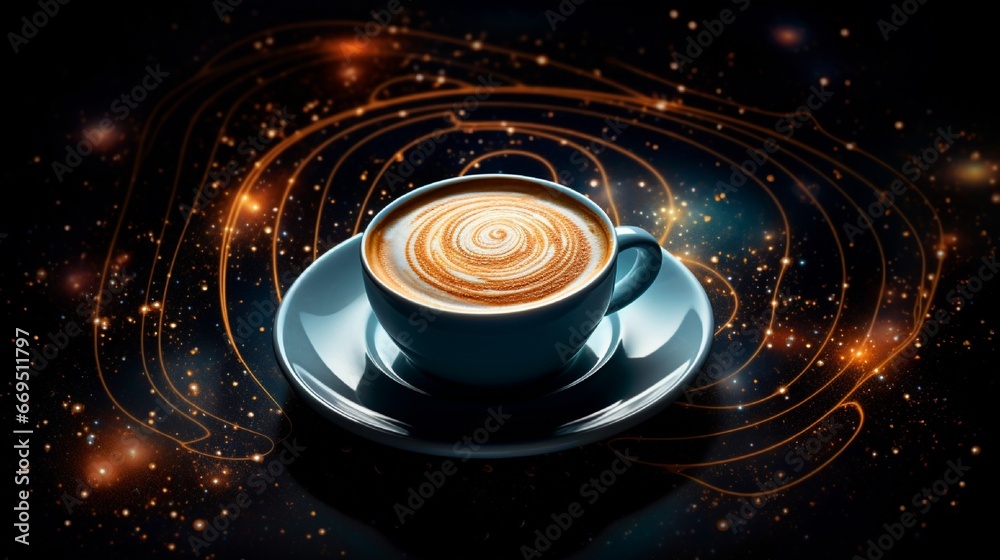 A swirling galaxy and a cup of cappuccino with latte art, melded together in a whimsical display. A swirling galaxy and a cup of cappuccino with latte art, melded together in a whimsical display.