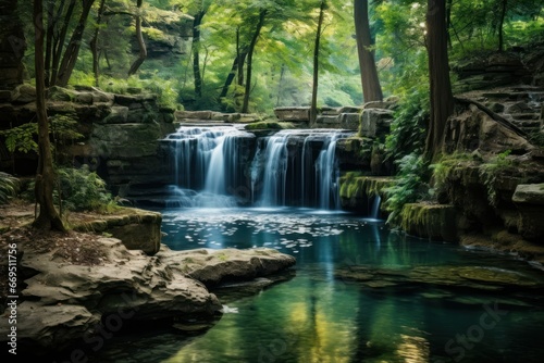 A cascading waterfall forming a serene pool in the woods.