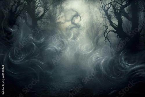 Abstract swirls of smoke and mist in an eerie forest scene.