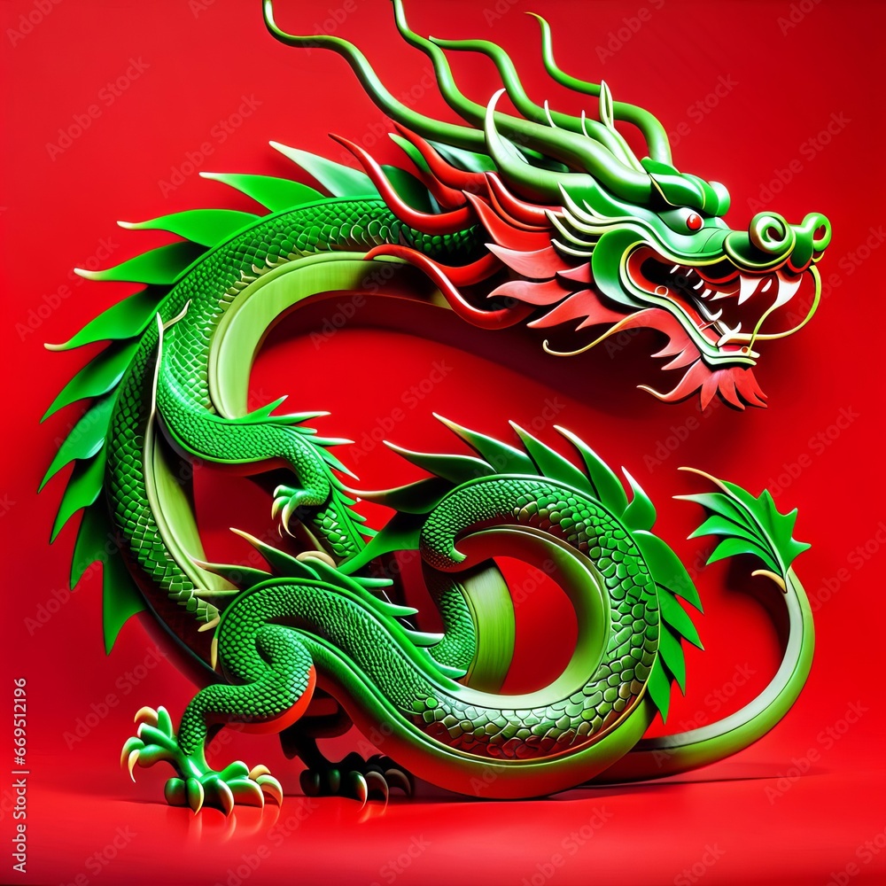 Obraz premium Green dragon on red background with leaves and flowers on his head new year 2024 year of the green