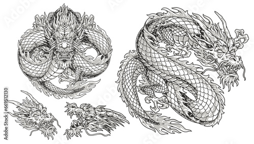 Eastern dragons set logotypes monochrome