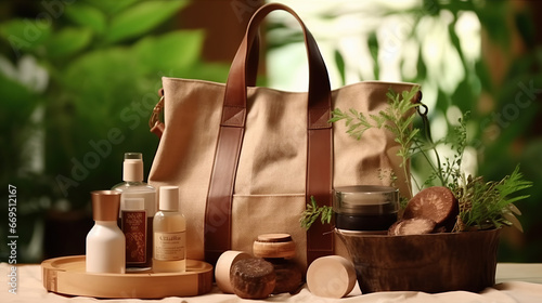 Open eco-friendly cotton reusable bag with different containers from natural wood and brown glass. Fresh natural leafs around. Concept of organic, zero waste cosmetics. Woman bag with accessories.