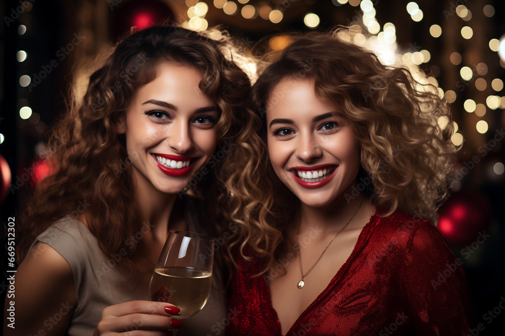 two gorgeous woman having fun at christmas party