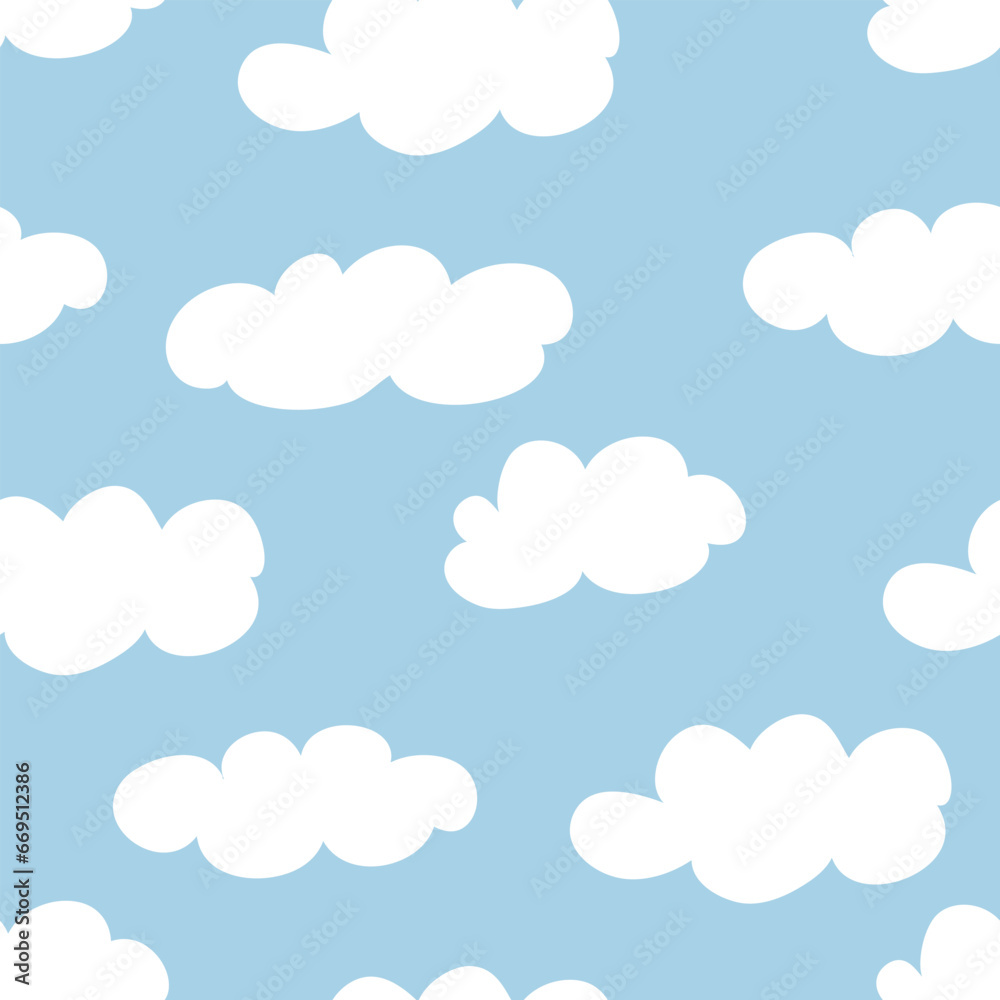 Seamless pattern with cute cartoon white clouds, for fabric prints, textiles, gift wrapping paper. colorful vector for children, flat style