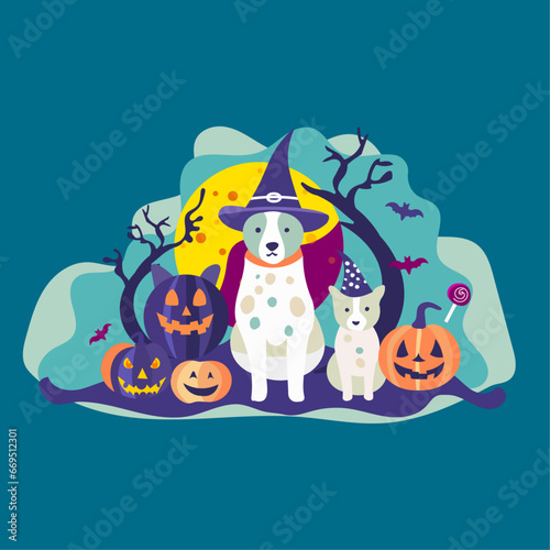Halloween Pumpkins, Dogs and Bats Flat illustration