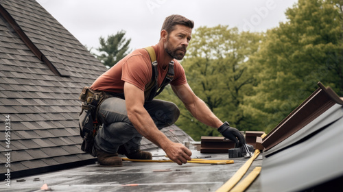 Roofer at work, installing clay roof tiles, Construction roofer installing roof tiles at house building site photo