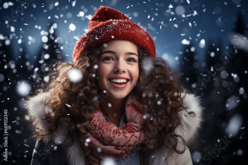 gorgeous christmas girl in winter clothes with snow in background. Wonderful christmas wallpaper background for campaigns.