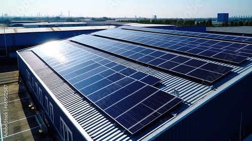 Top view Solar Cell on Warehouse Factory. Solar photo voltaic panels system power or Solar Cell on industrial building roof for producing green ecological electricity. Production of renewable energy. © Santy Hong