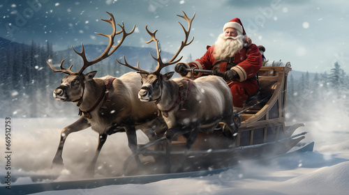 Santa Claus riding a reindeer sleigh in north pole
