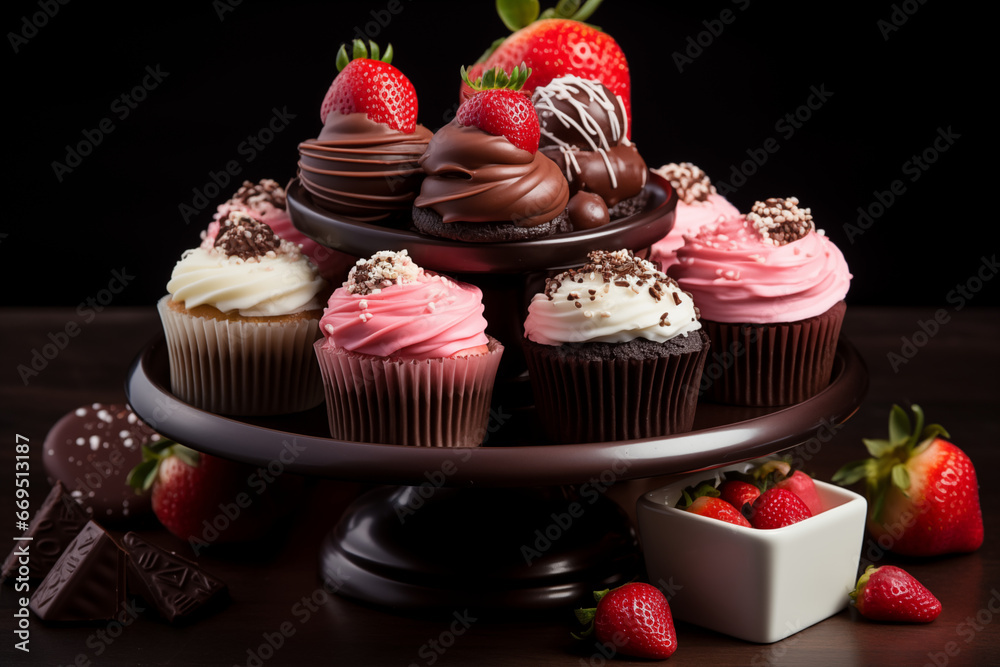 assortment of delectable Valentine's Day-themed desserts like chocolate-covered strawberries and cupcakes