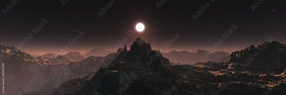 Mars, surface of Mars, Martian landscape at sunset, 3D rendering Mars, surface of Mars, Martian landscape at sunset, 3D rendering