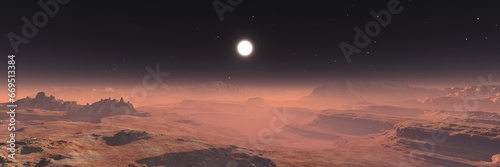 Mars  surface of Mars  Martian landscape at sunset  3D rendering