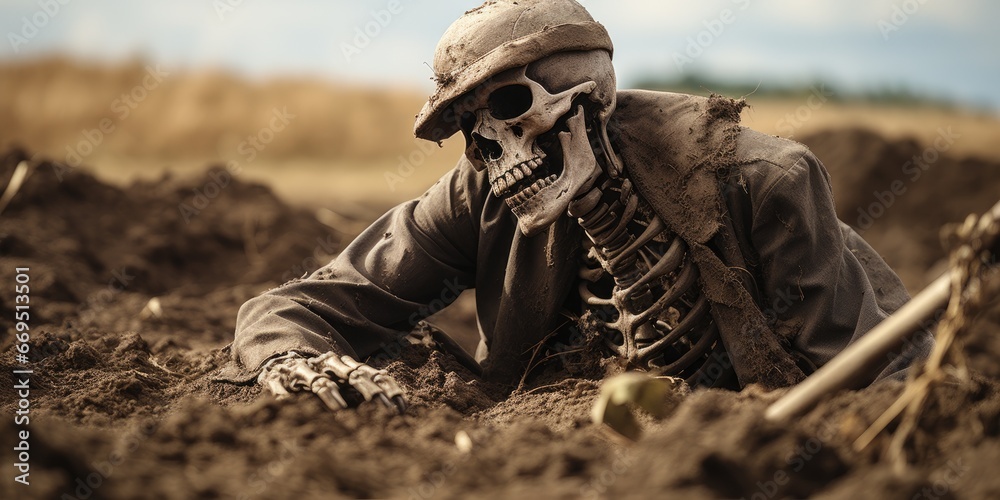 Fototapeta premium A skeleton lay on the spooky ground. Skeleton like death by Generative AI