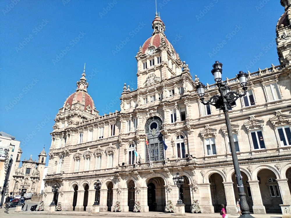 La coruna Spain downtown buildings highlights sunny Galicia region of the world 