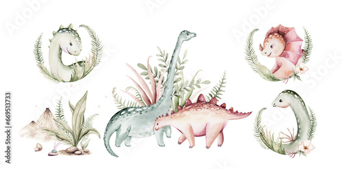 Watercolor cute cartoon dino. Dinosaurs Set Isolated on a White Background Illustration, Baby shower invitation kids birthday jurassic party. tyrannosaurus