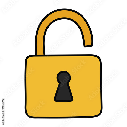 A hand-drawn cartoon icon of an unlocked padlock on a white background.