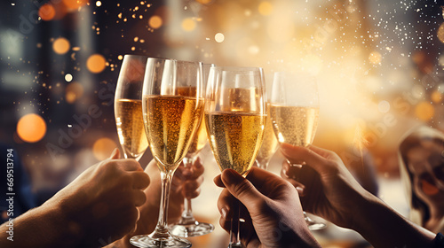  glasses of champagne,Toast to Joy: Elegant Champagne Flutes in New Year's Glow,christmas party celebration,AI Generative 