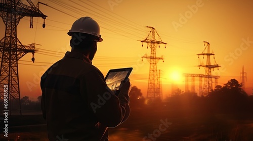 Silhouette Electrical Engineer with Digital Tablet Near Electric Poles at Sunset, Business Partnership in Front of High Voltage Pylon