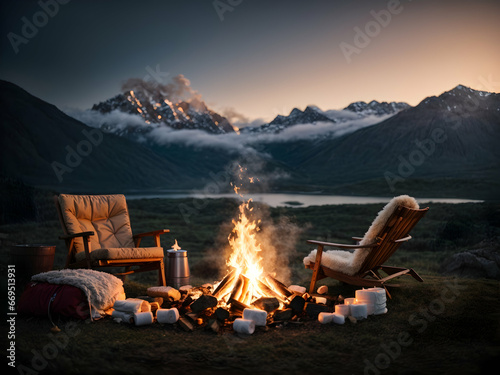 sunset in the mountains and camp fire