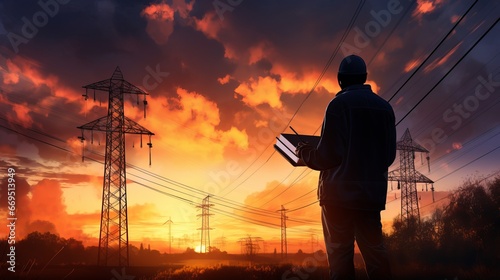 Silhouette Electrical Engineer with Digital Tablet Near Electric Poles at Sunset, Business Partnership in Front of High Voltage Pylon photo