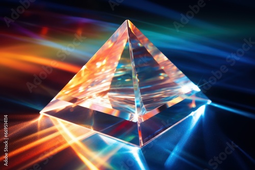 Close-up of a glass prism refracting sunlight into a spectrum.
