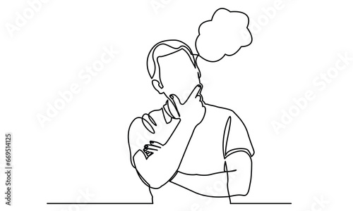 Continuous line drawings of a young man thinking.worried man thinking problem about businessman
confused vector illustration. one line drawing of a thinking man. 
