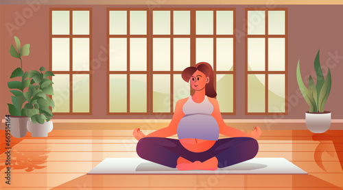 pregnant woman sitting lotus pose and doing yoga exercise pregnancy motherhood expectation concept modern living room interior