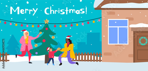 multiracial lesbian parents women and their son decorate christmas tree backyard merry christmas holiday scene vector illustration