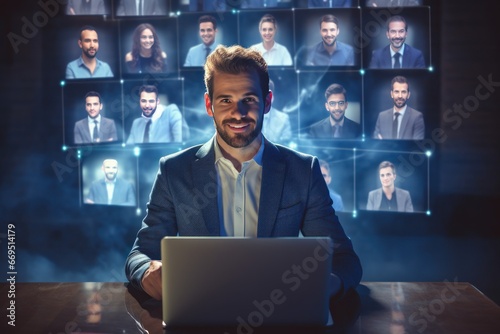 Close-up of a project manager leading a virtual meeting.