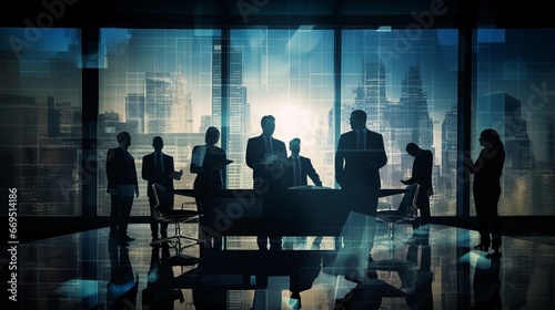 Dynamic Silhouette of Corporate Professionals Collaborating in Office Environment - Innovative Double Exposure Illustrating Teamwork, Trust, and Successful Business Partnership with Striking Light Eff