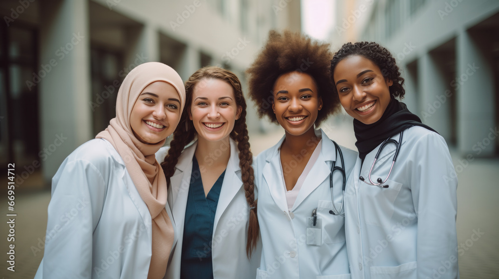 Fototapeta premium A group photo of medical students in celebratory scrubs, marking their journey in medical education
