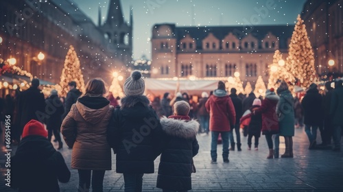 people walk through the Christmas market in the city