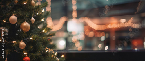 Fragment of a festively decorated Christmas tree with a blurred bokeh of lights in the far background.