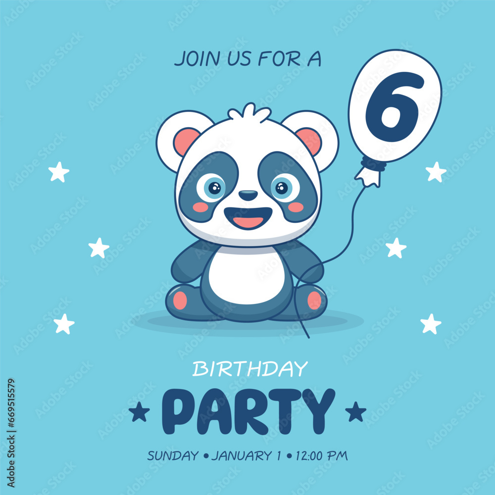 Cute baby boy panda. Birthday invitation for 6 year. Vector illustration Cute baby boy panda. Birthday invitation for 6 year. Vector illustration