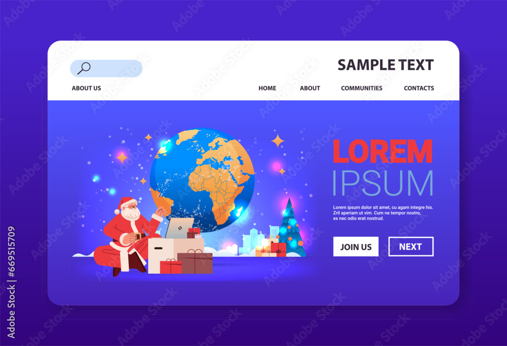santa claus in red costume sitting near world map and gift boxes using laptop happy new year merry christmas holidays celebration