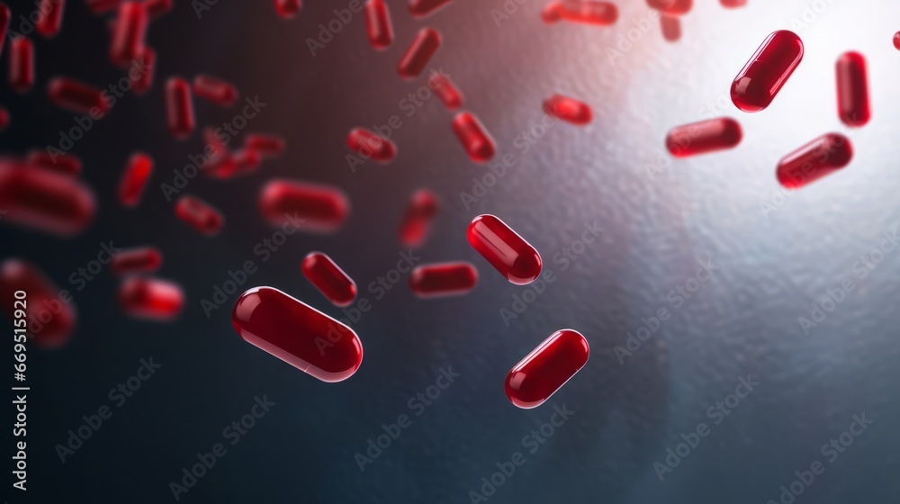 A group of tablets and capsules are falling. Light background. Generative AI A group of tablets and capsules are falling. Light background. Generative AI