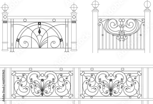 Vector sketch illustration of vintage classic fence design from wrought iron
