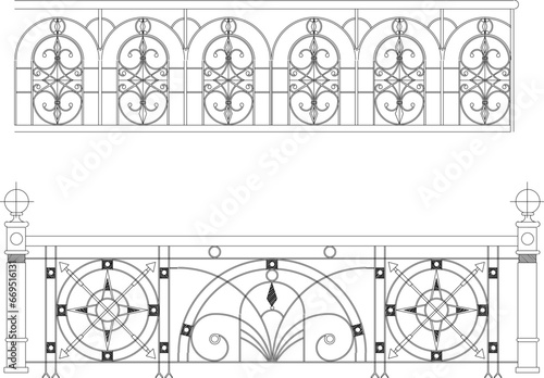 Vector sketch illustration of vintage classic fence design from wrought iron