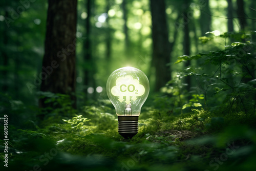 Light bulb in forest with carbon reduction icon. Promoting ESG and ecology. Nature meets technology for a greener world. Generative AI. photo