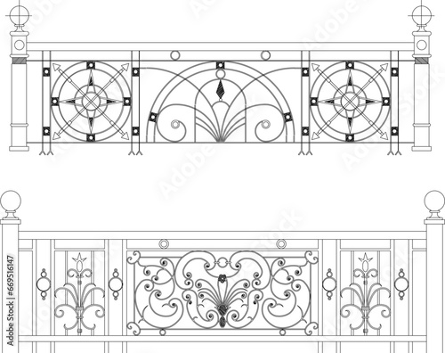 Vector sketch illustration of vintage classic fence design from wrought iron
