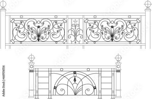 Vector sketch illustration of vintage classic fence design from wrought iron