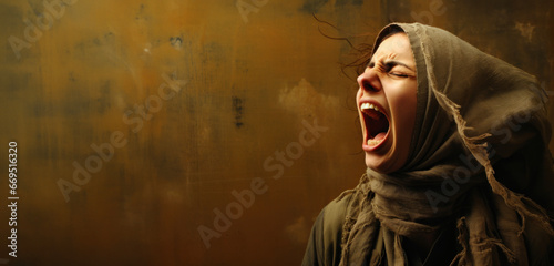 Capturing Raw Emotion: Palestinian Woman's Agonizing Scream Against a Dark Backdrop, Expressing Hopelessness. photo